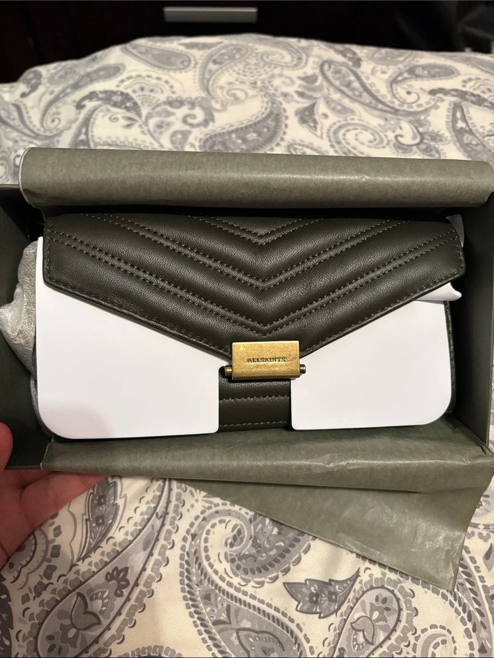 All Saints Olive Chevron Quilted Leather Chain Wallet with Gold Hardware